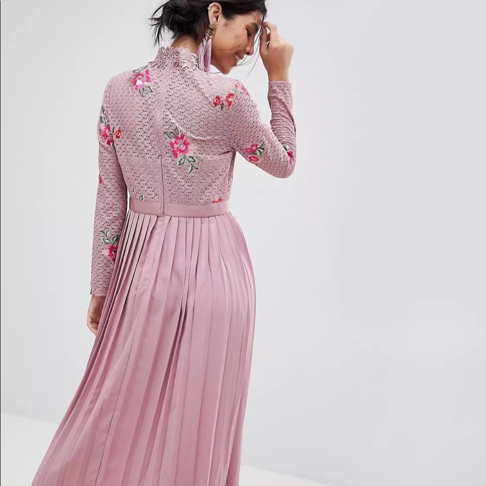 [ASOS] Little Mistress Embroidered Lace Top Midaxi Dress With Pleated Skirt
